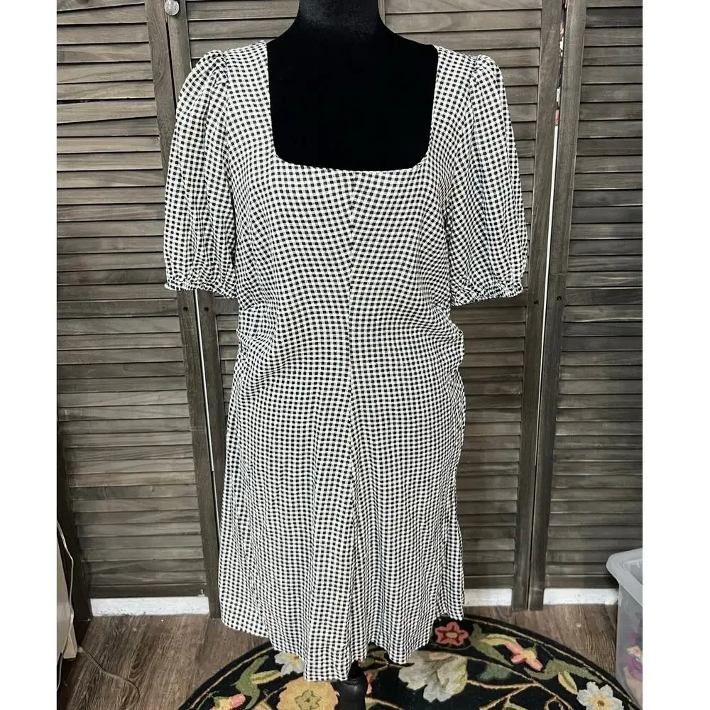 A New Day Black White Gingham Linen Blend Puff Sleeve Tiered Dress 10 NWT - Picture 2 of 9